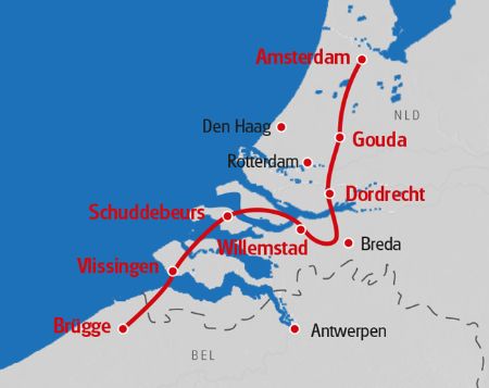Karte Amsterdam - Bruegge. Route in rot eingezeichnet.