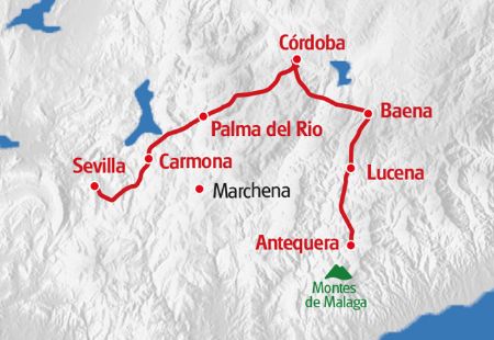 Karte Andalusien Tour rot eingezeichnet