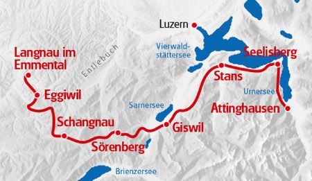Trans Swiss Langau Route in roter Farbe auf der Karte markiert.