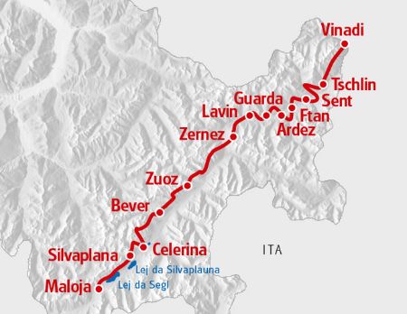 Karte von Maloja bis Vinadi. Aktivferien mit Eurotrek.