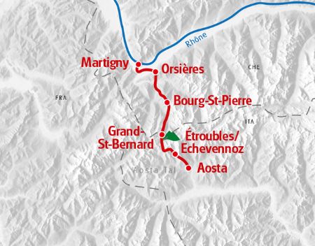 Auf der Wandertour Via Francigena Süd von Eurotrek wandert man von Martigny durch die Alpen bis nach Aosta. 