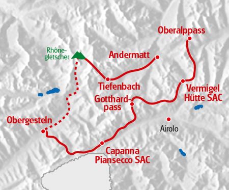 Vier-Quell-Weg Route in roter Farbe auf der Karte markiert.