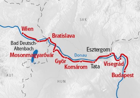 Zeichnung eines Weges von Wien über Bratislava nach Budapest der Donau entlang