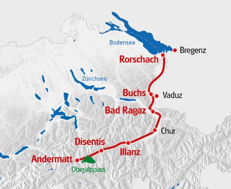 Eine Grphische Karte auf der der Wanderweg von Rorschach bis Andermatt eingezeichnet ist.