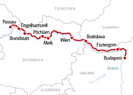 Karte Donau Rad und Schiff mit Budapest