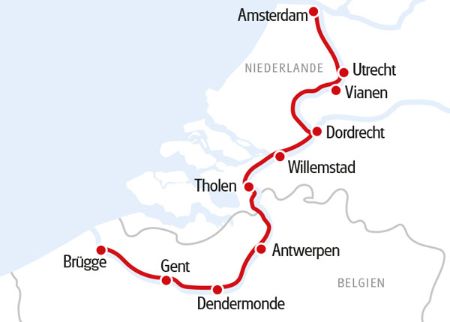 Karte Amsterdam - Brügge 