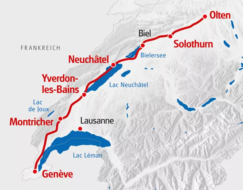 Eine Karte mit der Jura Südfuss Route eingezeichnet. 