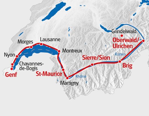 Tourenkarte für die Route von Oberwald/ Ulrichen nach Genf.