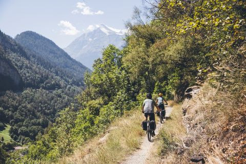 Velofahrer fahren hintereinander im Wallis auf einem schmalen Bergweg. Im Hintergrund weisse Berggipfel. 