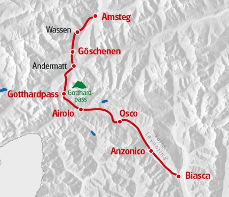 Die Strada Alta & Gotthardpass Wanderung von Eurotrek startet in Amsteg und verläuft über den Gotthardpass bis nach Biasca.